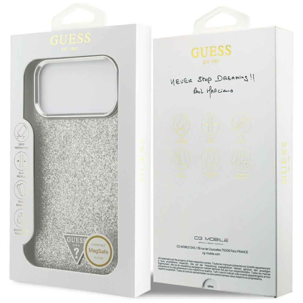 Ovitek MagSafe za Apple iPhone 17 Pro Max, Guess, Glitter Triangle Logo, Srebrn