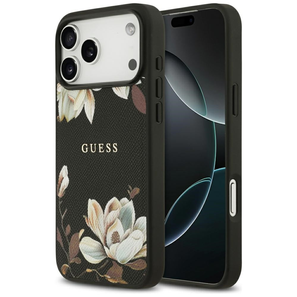 Ovitek MagSafe za Apple iPhone 17 Pro Max, Guess, Grained Flowers, Črna