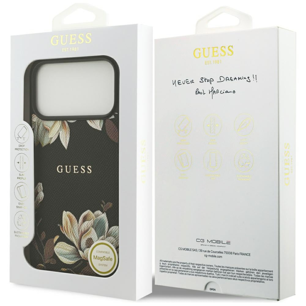 Ovitek MagSafe za Apple iPhone 17 Pro Max, Guess, Grained Flowers, Črna