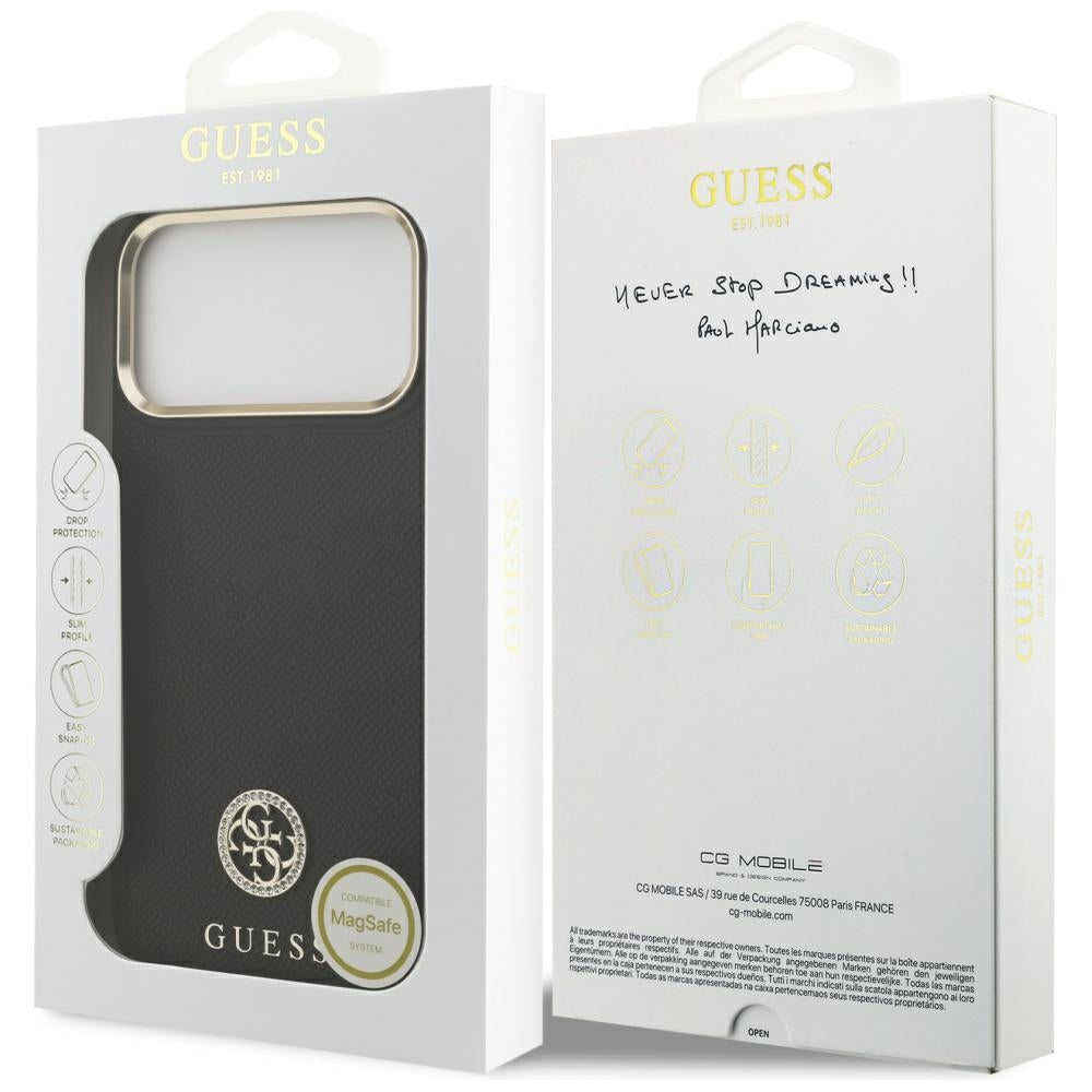 Ovitek MagSafe za Apple iPhone 17 Pro Max, Guess, Grained Strass Logo, Črn