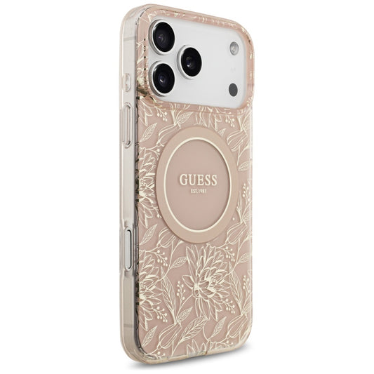 Ovitek MagSafe za Apple iPhone 17 Pro Max, Guess, IML Flowers Allover Electroplated with Pearl Strap, Roza