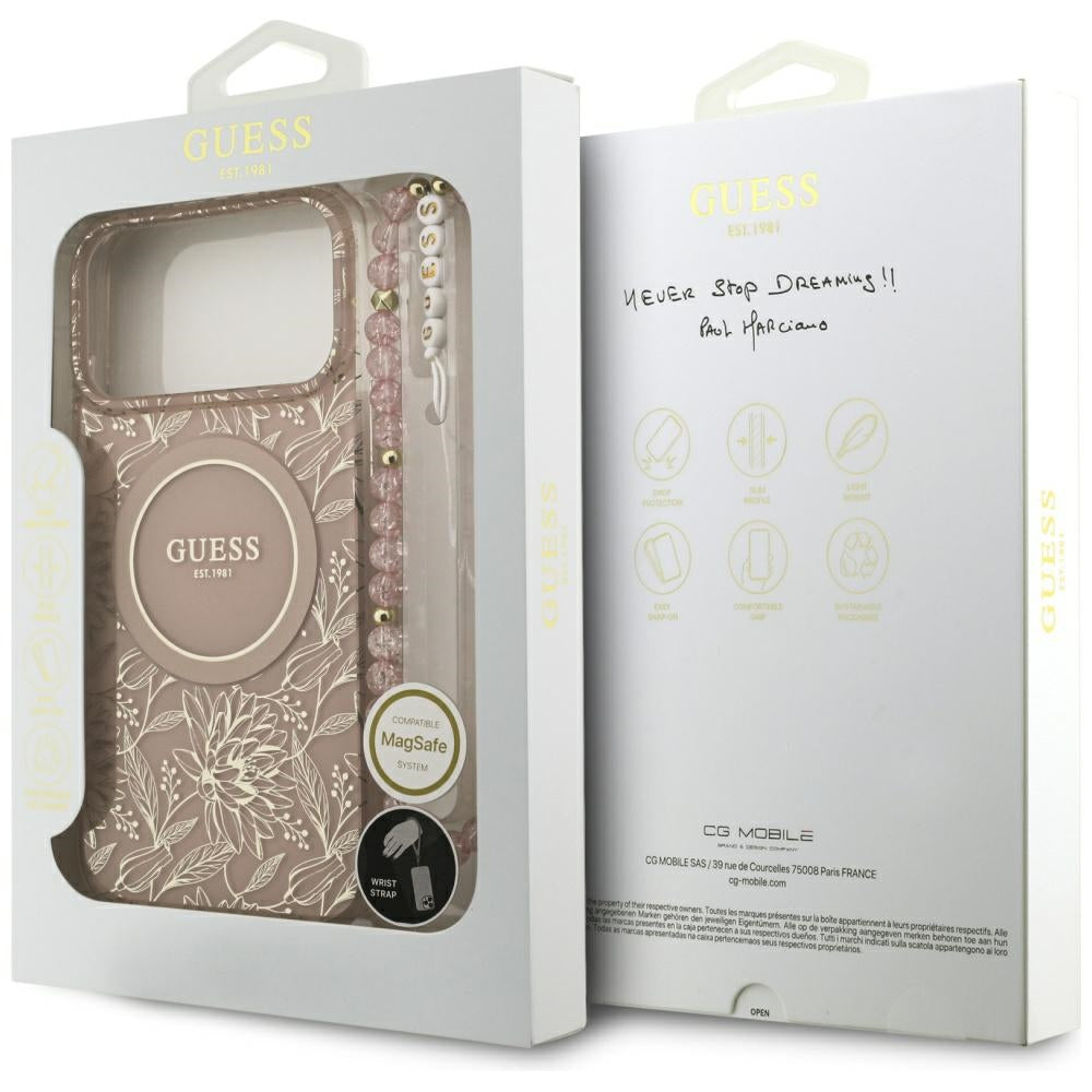 Ovitek MagSafe za Apple iPhone 17 Pro Max, Guess, IML Flowers Allover Electroplated with Pearl Strap, Roza