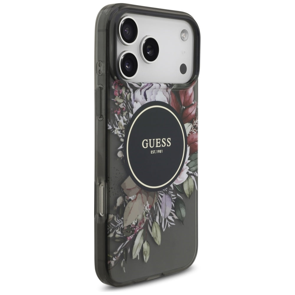 Ovitek MagSafe za Apple iPhone 17 Pro Max, Guess, IML Flowers with Pearl Strap, črn
