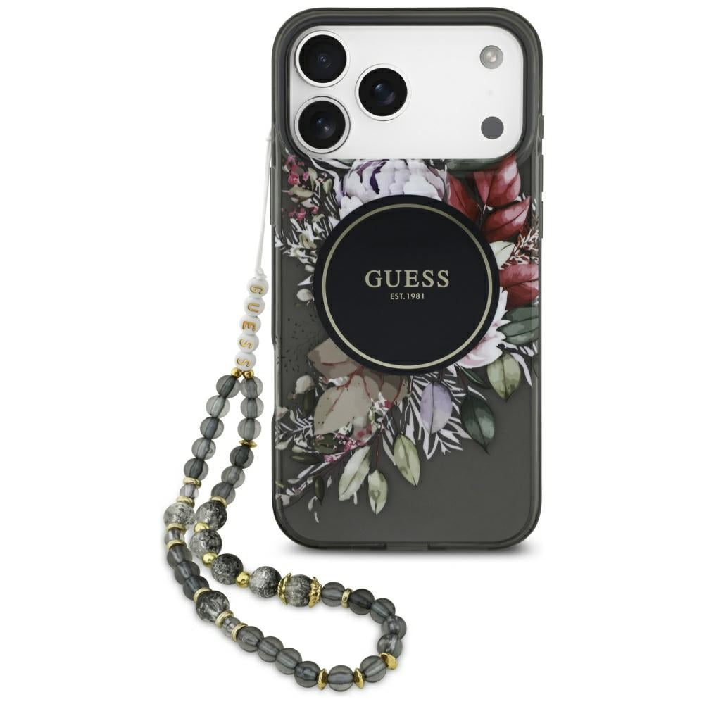 Ovitek MagSafe za Apple iPhone 17 Pro Max, Guess, IML Flowers with Pearl Strap, črn