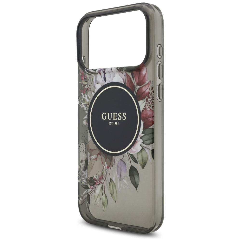 Ovitek MagSafe za Apple iPhone 17 Pro Max, Guess, IML Flowers with Pearl Strap, črn