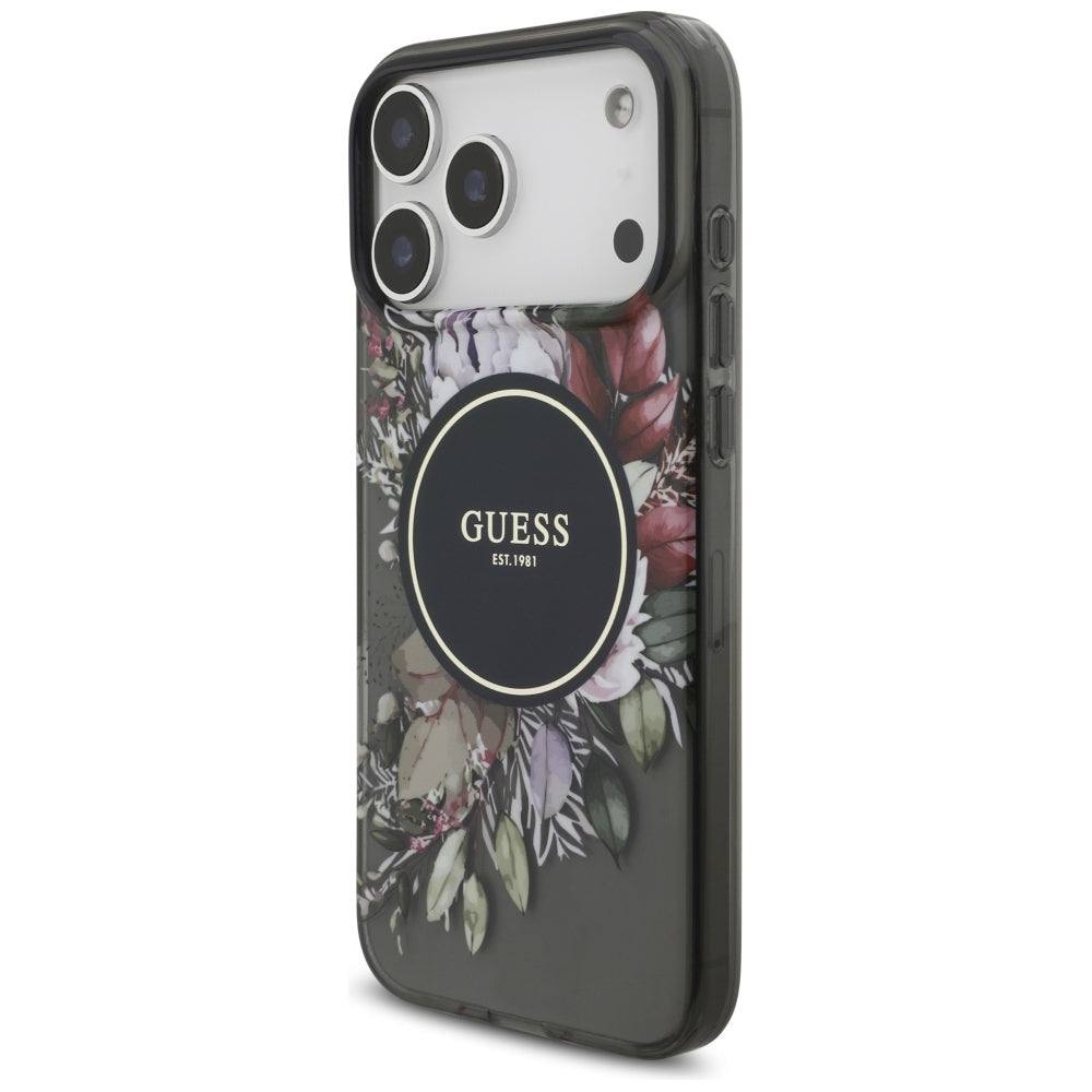 Ovitek MagSafe za Apple iPhone 17 Pro Max, Guess, IML Flowers with Pearl Strap, črn