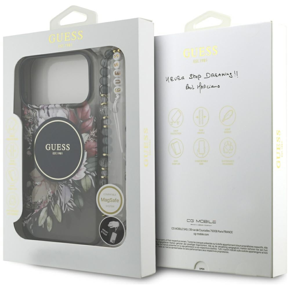 Ovitek MagSafe za Apple iPhone 17 Pro Max, Guess, IML Flowers with Pearl Strap, črn