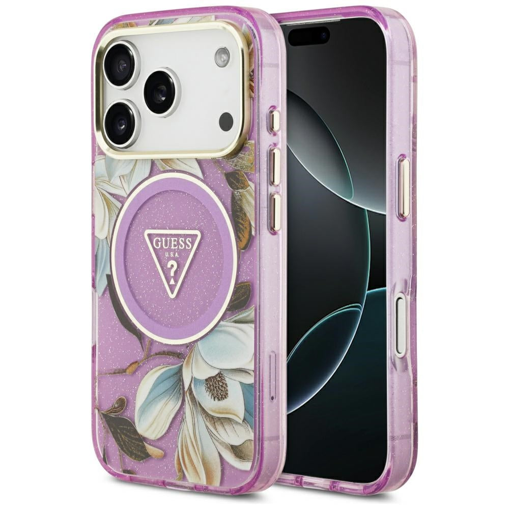 Ovitek MagSafe za Apple iPhone 17 Pro Max, Guess, IML Metal Glitter Flowers Triangle, Vijolična