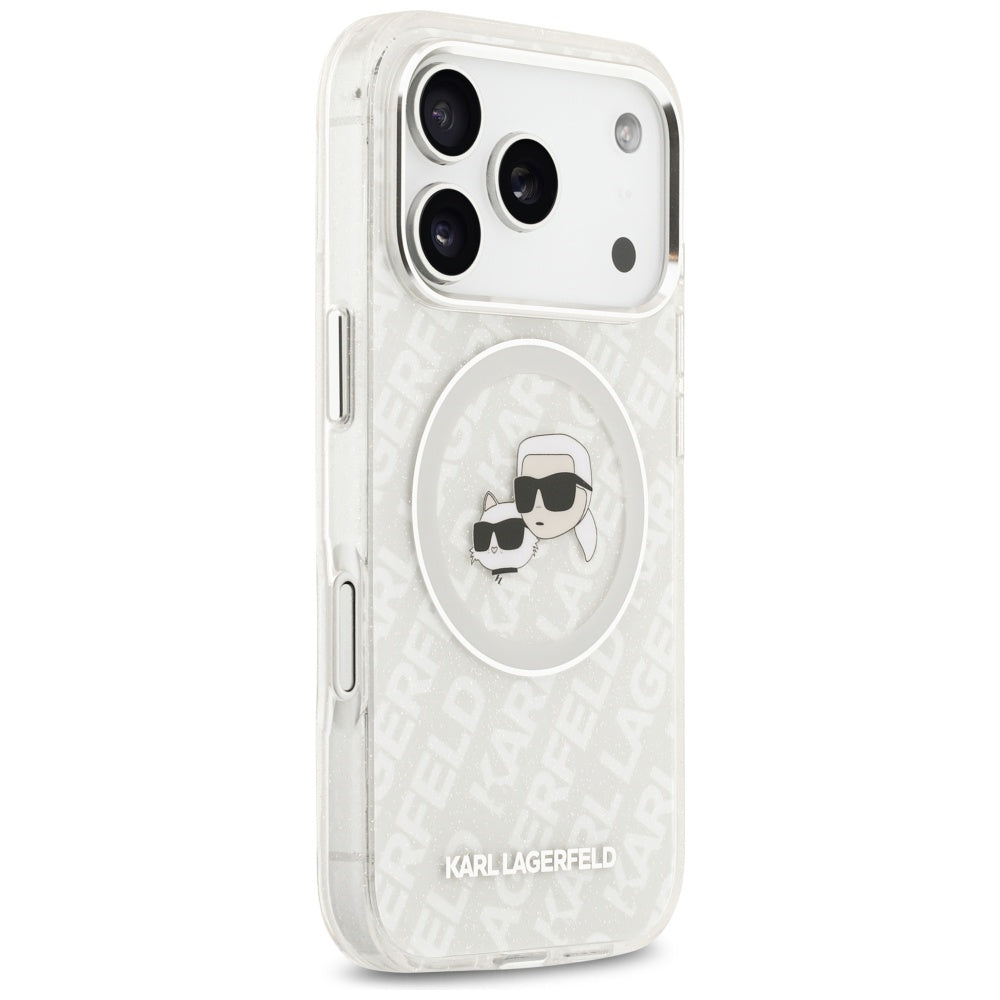 Ovitek MagSafe za Apple iPhone 17 Pro Max, Karl Lagerfeld, Glitter Karl & Choupette Head, Bela