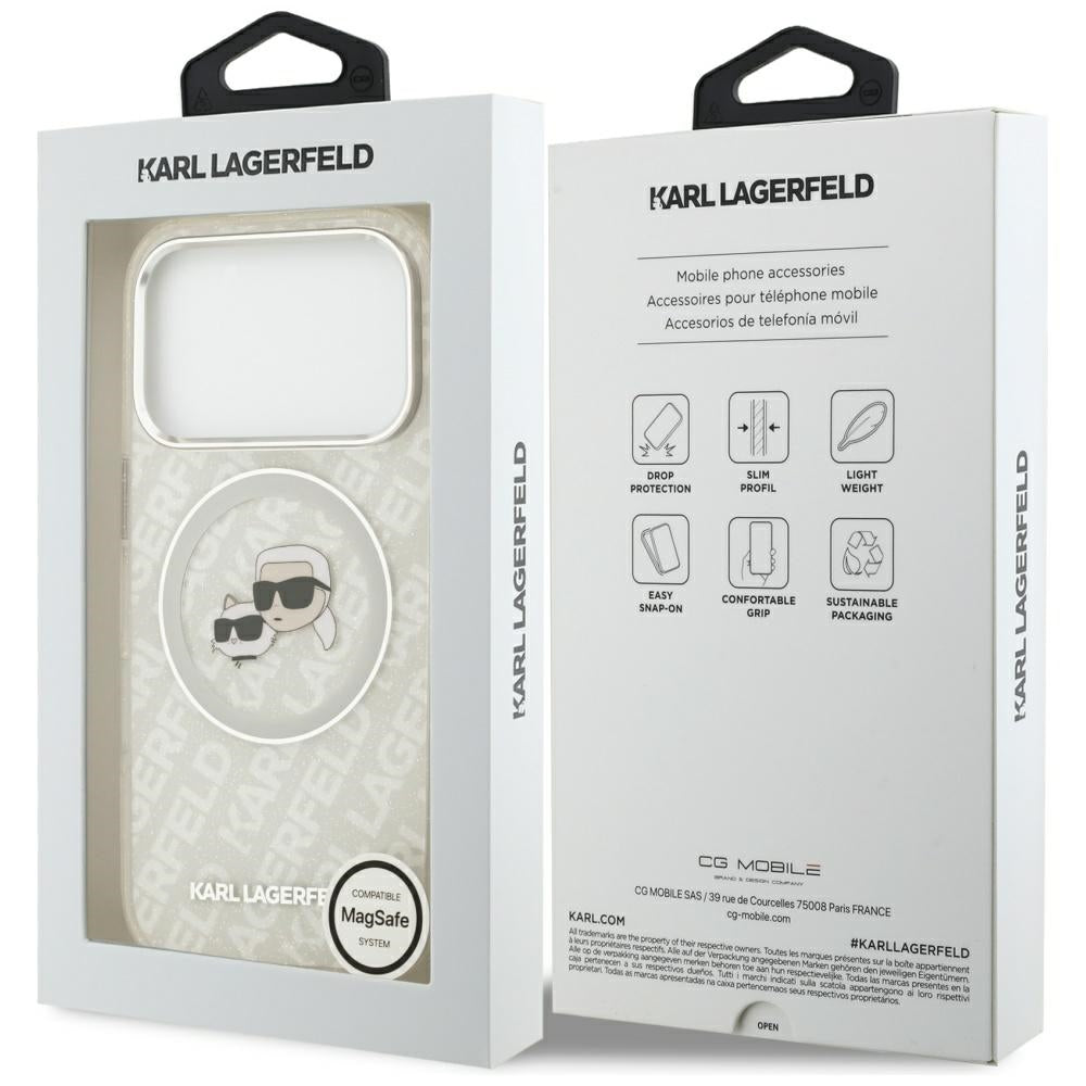 Ovitek MagSafe za Apple iPhone 17 Pro Max, Karl Lagerfeld, Glitter Karl & Choupette Head, Bela