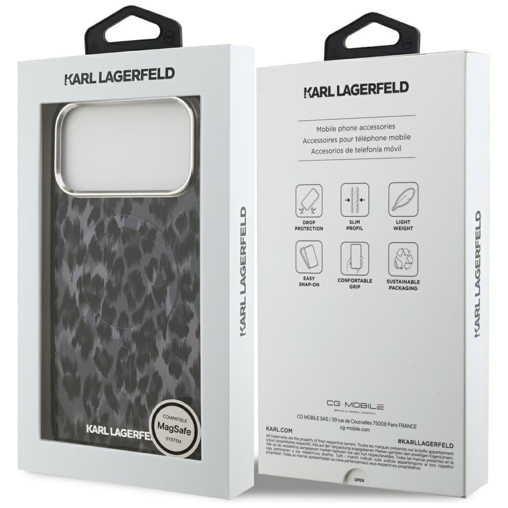 Ovitek MagSafe za Apple iPhone 17 Pro Max, Karl Lagerfeld, IML Leopard vzorec, črn