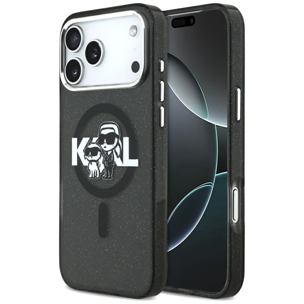 Ovitek MagSafe za Apple iPhone 17 Pro Max, Karl Lagerfeld, IML Sketch Logo Glitter Karl & Choupette, Črna