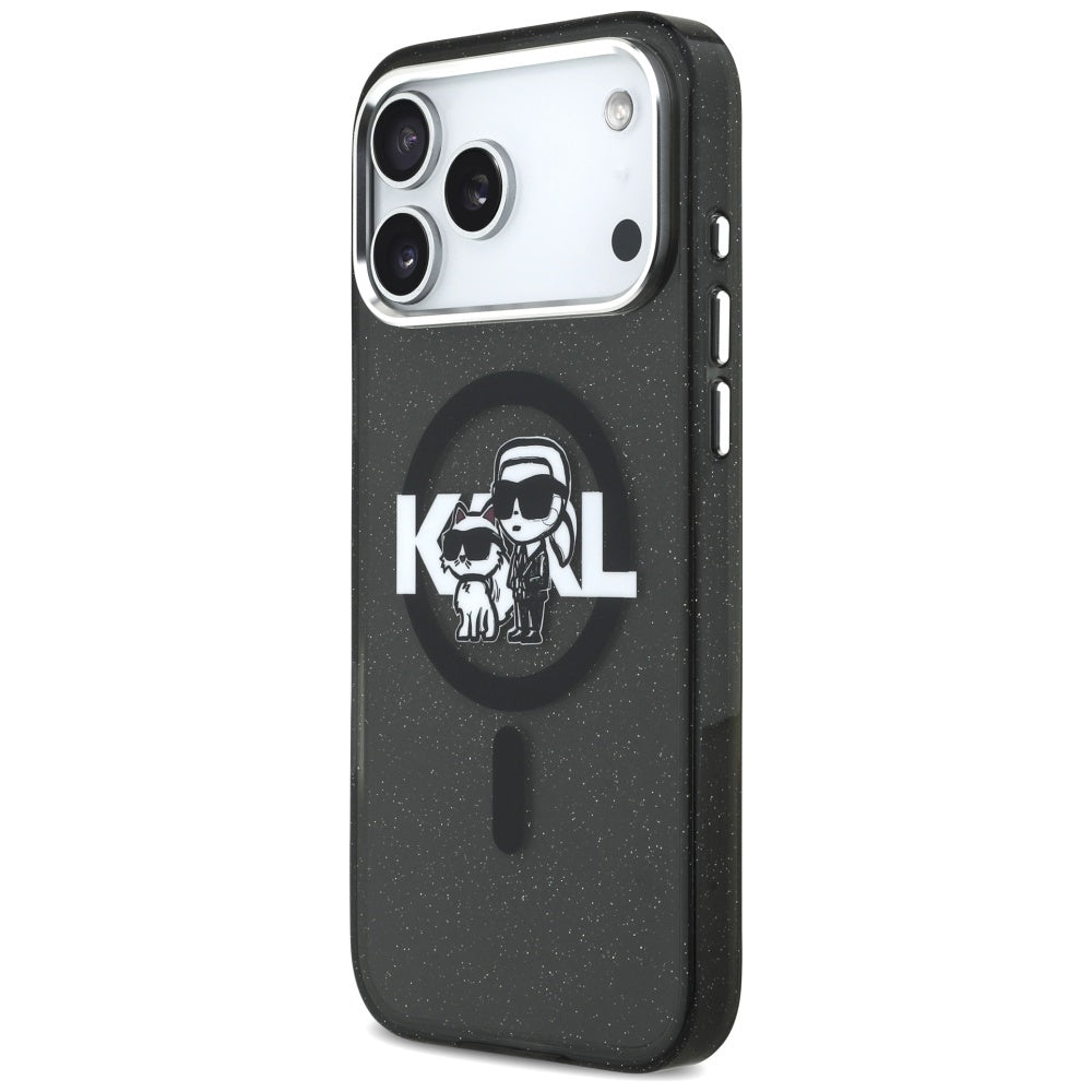 Ovitek MagSafe za Apple iPhone 17 Pro Max, Karl Lagerfeld, IML Sketch Logo Glitter Karl & Choupette, Črna