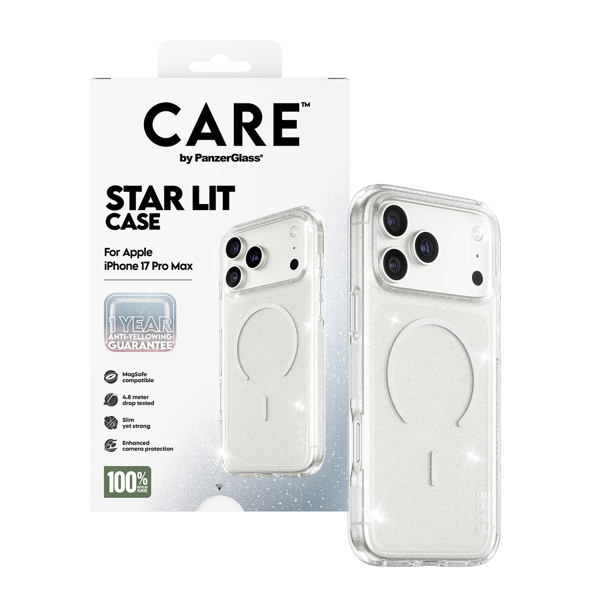 Ovitek MagSafe za Apple iPhone 17 Pro Max, PanzerGlass, Care Urban Explorer Star Lit, Prosojna Bela