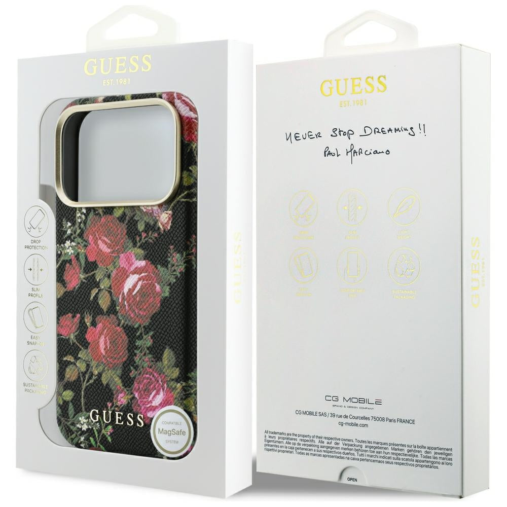 MagSafe Case for Apple iPhone 18 Pro / 17 Pro, Guess, Blossom Roses Print, Black