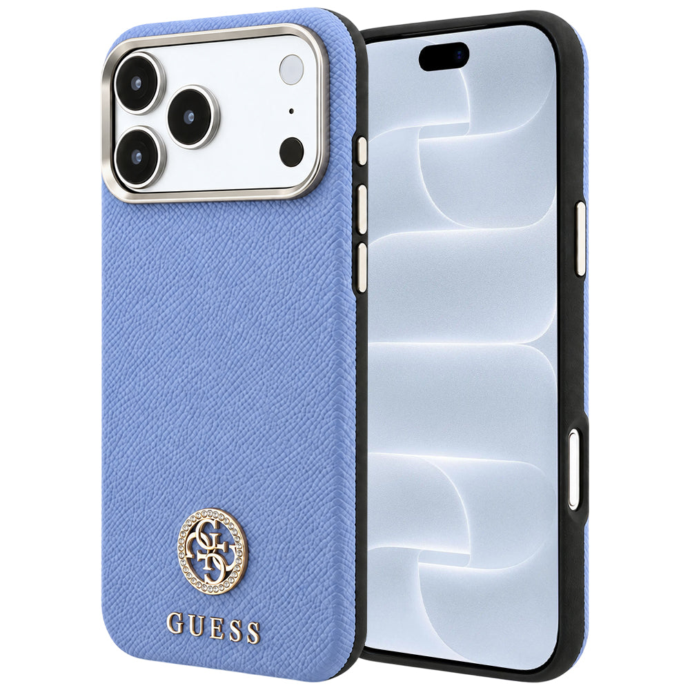 Ovitek MagSafe za Apple iPhone 18 Pro / 17 Pro, Guess, zrnast okrogel logotip iz strass kamnov, modra