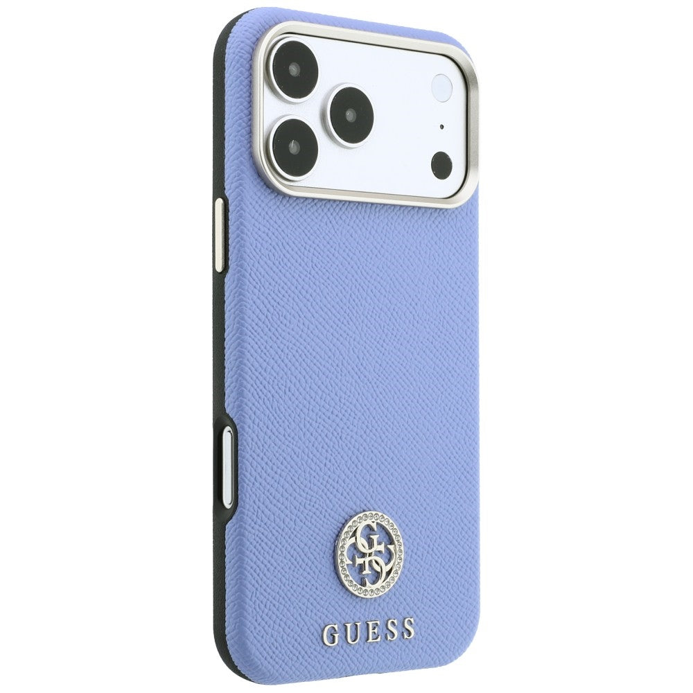 Ovitek MagSafe za Apple iPhone 18 Pro / 17 Pro, Guess, zrnast okrogel logotip iz strass kamnov, modra