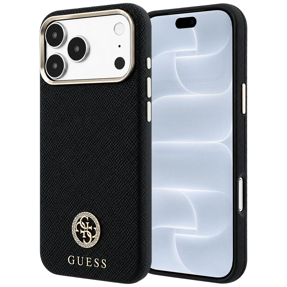 Ovitek MagSafe za Apple iPhone 18 Pro / 17 Pro, Guess, zrnast okrogel logotip iz strasa, črn