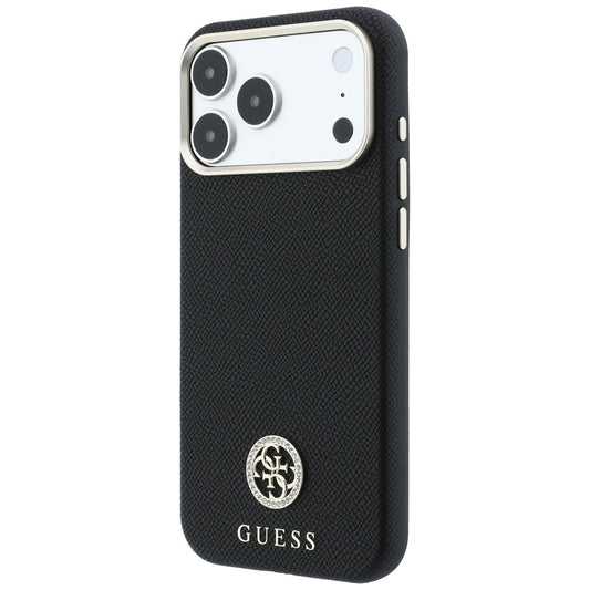 Ovitek MagSafe za Apple iPhone 18 Pro / 17 Pro, Guess, zrnast okrogel logotip iz strasa, črn