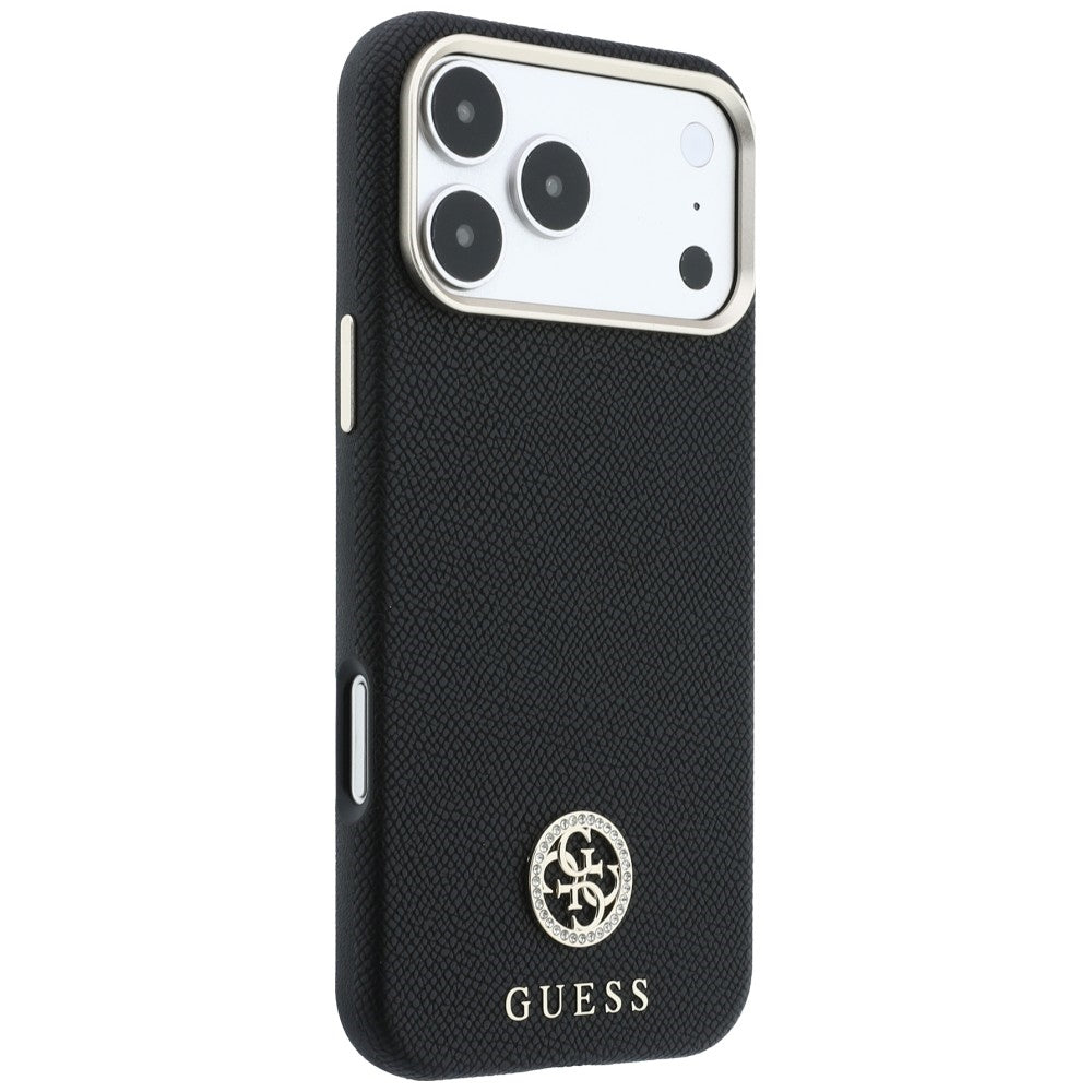 Ovitek MagSafe za Apple iPhone 18 Pro / 17 Pro, Guess, zrnast okrogel logotip iz strasa, črn