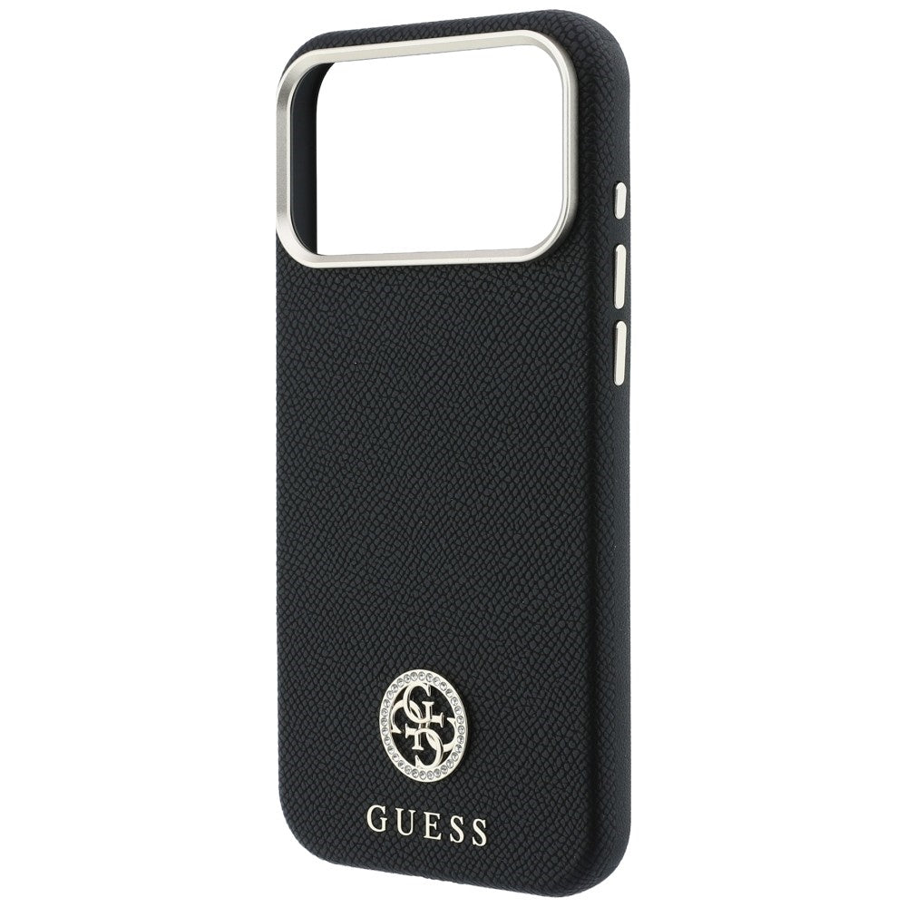 Ovitek MagSafe za Apple iPhone 18 Pro / 17 Pro, Guess, zrnast okrogel logotip iz strasa, črn