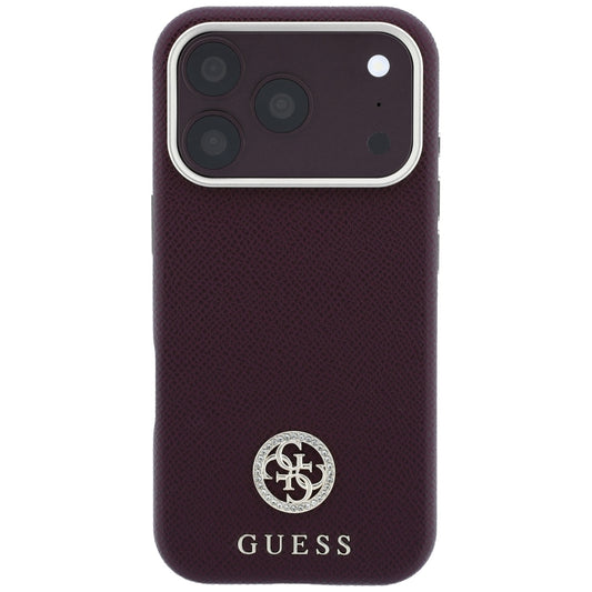 Ovitek MagSafe za Apple iPhone 18 Pro / 17 Pro, Guess, zrnast okrogel logotip iz strass kamnov, bordo
