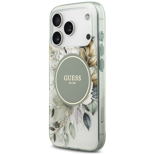 MagSafe ovitek za Apple iPhone 18 Pro / 17 Pro, Guess, IML Flower & Tonal Circle, zelen