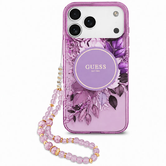 MagSafe ovitek za Apple iPhone 18 Pro / 17 Pro, Guess, IML Flowers with Pearl Strap, vijoličen