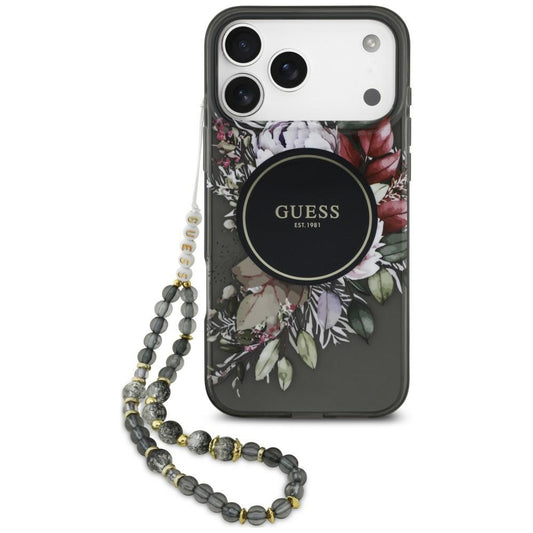 MagSafe ovitek za Apple iPhone 18 Pro / 17 Pro, Guess, IML Flowers with Pearl Strap, črn