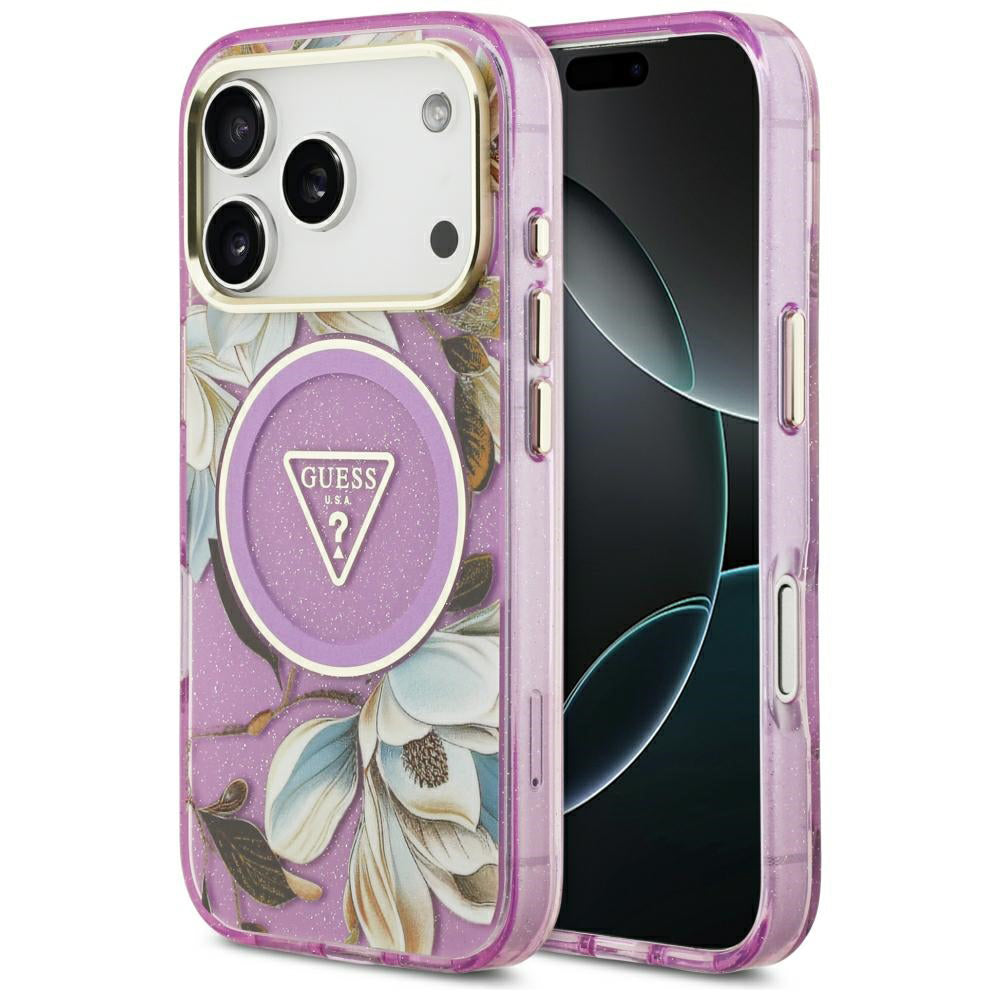 Ovitek MagSafe za Apple iPhone 18 Pro / 17 Pro, Guess, IML Metal Glitter Flowers Triangle, Vijoličen