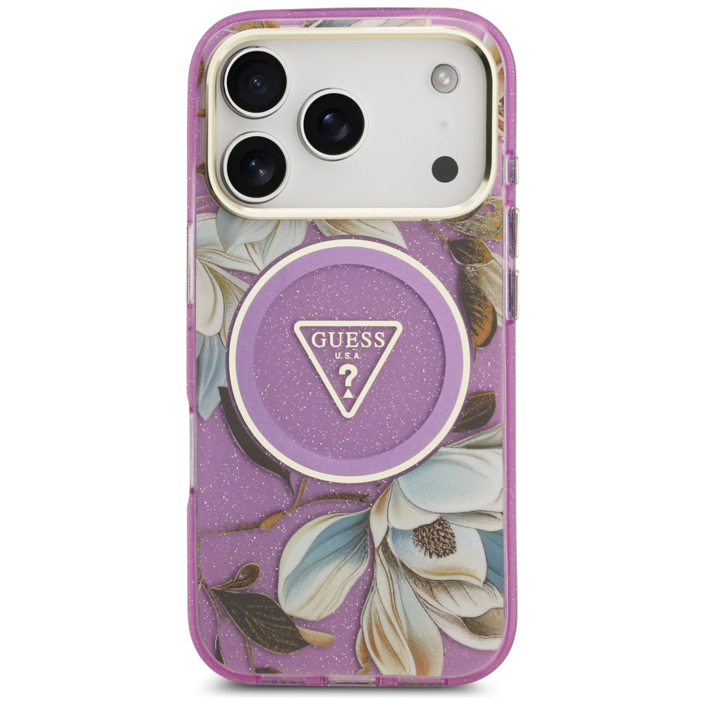 Ovitek MagSafe za Apple iPhone 18 Pro / 17 Pro, Guess, IML Metal Glitter Flowers Triangle, Vijoličen