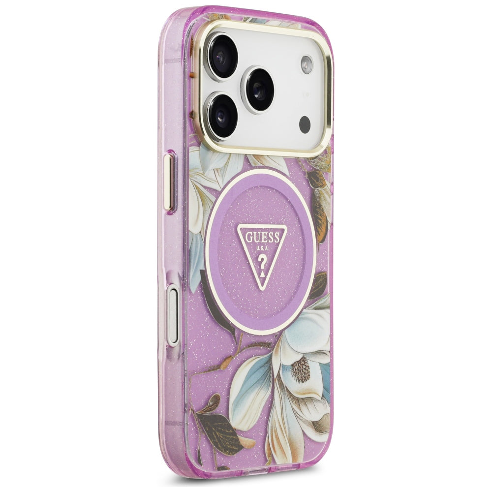 Ovitek MagSafe za Apple iPhone 18 Pro / 17 Pro, Guess, IML Metal Glitter Flowers Triangle, Vijoličen