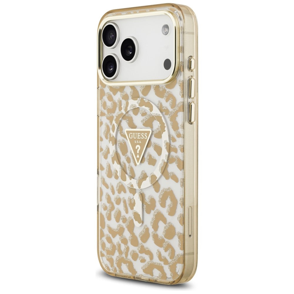 MagSafe ovitek za Apple iPhone 18 Pro / 17 Pro, Guess, Leopard Glitter Triangle Logo, rjav