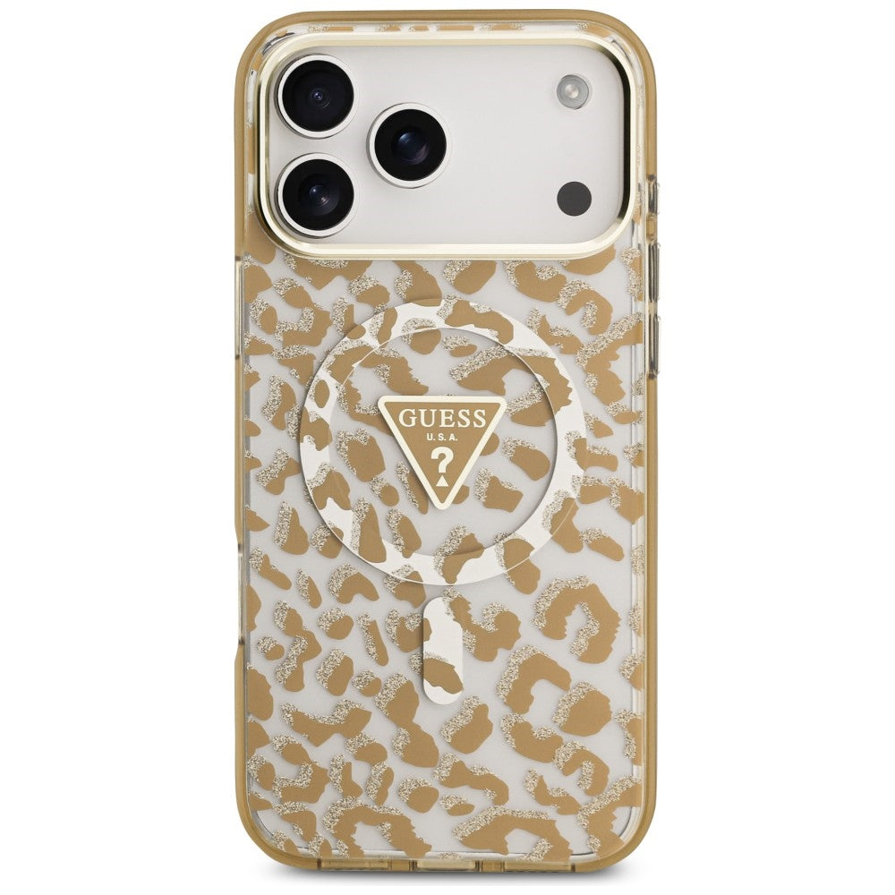 MagSafe ovitek za Apple iPhone 18 Pro / 17 Pro, Guess, Leopard Glitter Triangle Logo, rjav