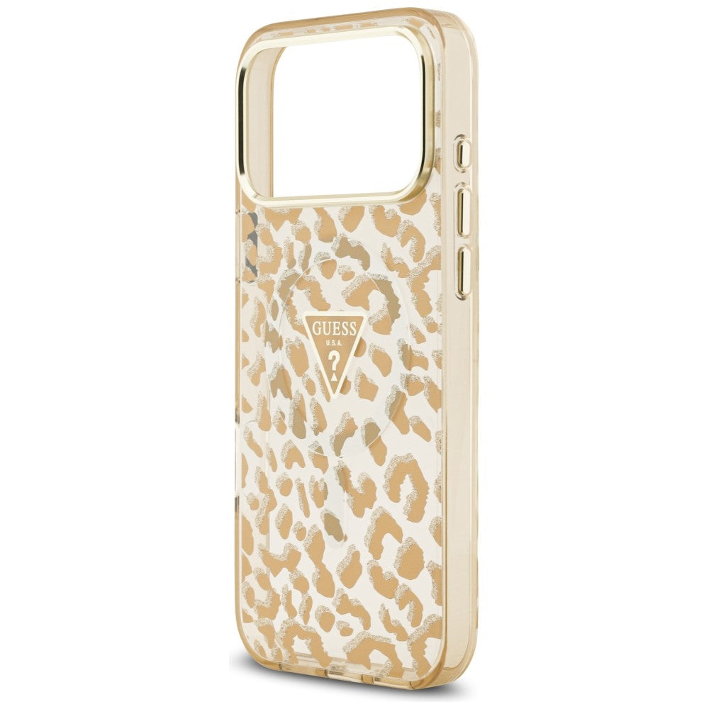 MagSafe ovitek za Apple iPhone 18 Pro / 17 Pro, Guess, Leopard Glitter Triangle Logo, rjav
