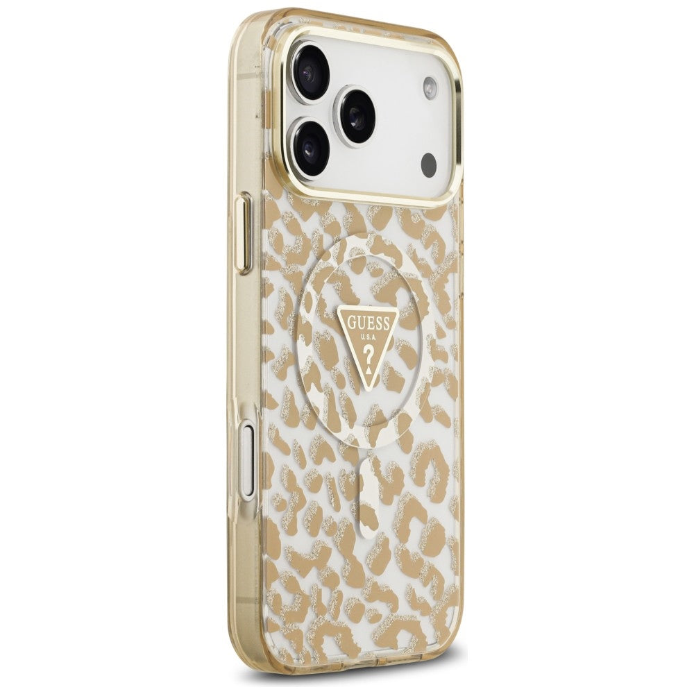 MagSafe ovitek za Apple iPhone 18 Pro / 17 Pro, Guess, Leopard Glitter Triangle Logo, rjav