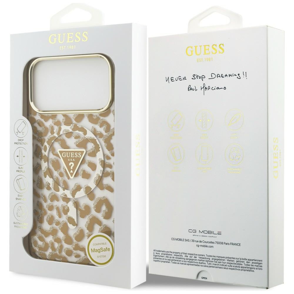 MagSafe ovitek za Apple iPhone 18 Pro / 17 Pro, Guess, Leopard Glitter Triangle Logo, rjav