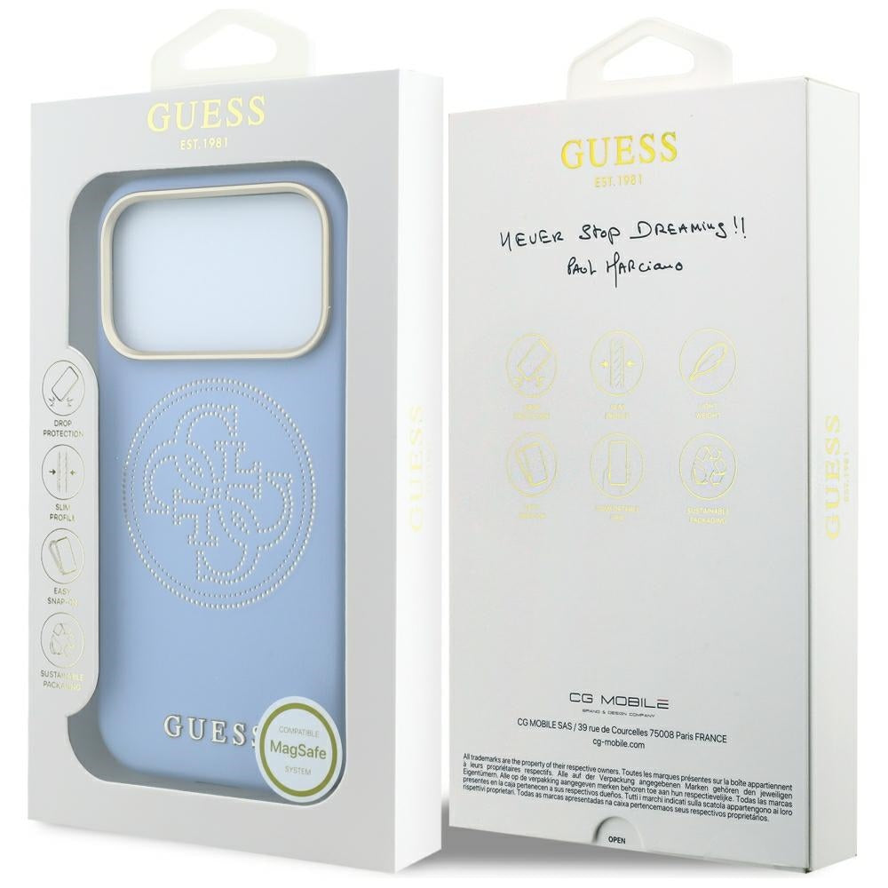Ovitek MagSafe za Apple iPhone 18 Pro / 17 Pro, Guess, perforiran 4G, modra