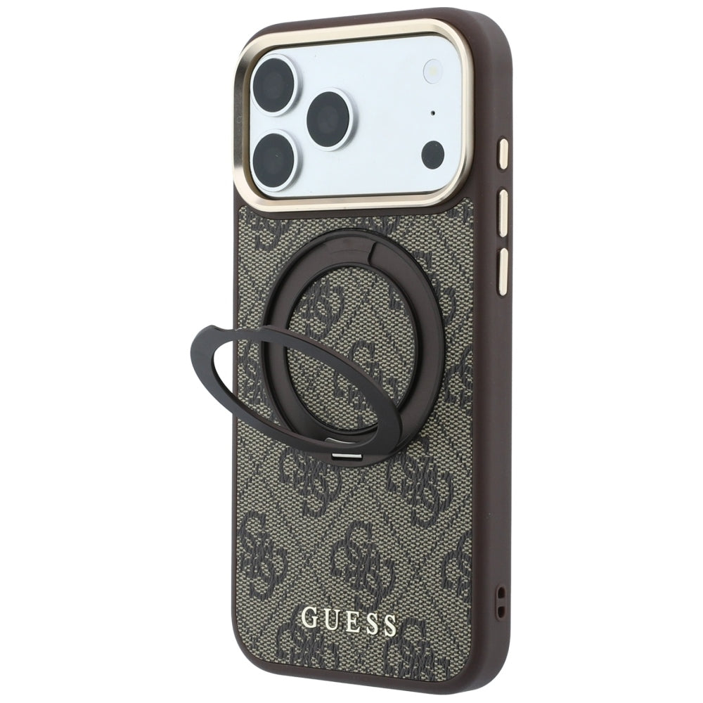 MagSafe ovitek za Apple iPhone 18 Pro / 17 Pro, Guess, Ring Stand 360 4G Classic Logo, rjav