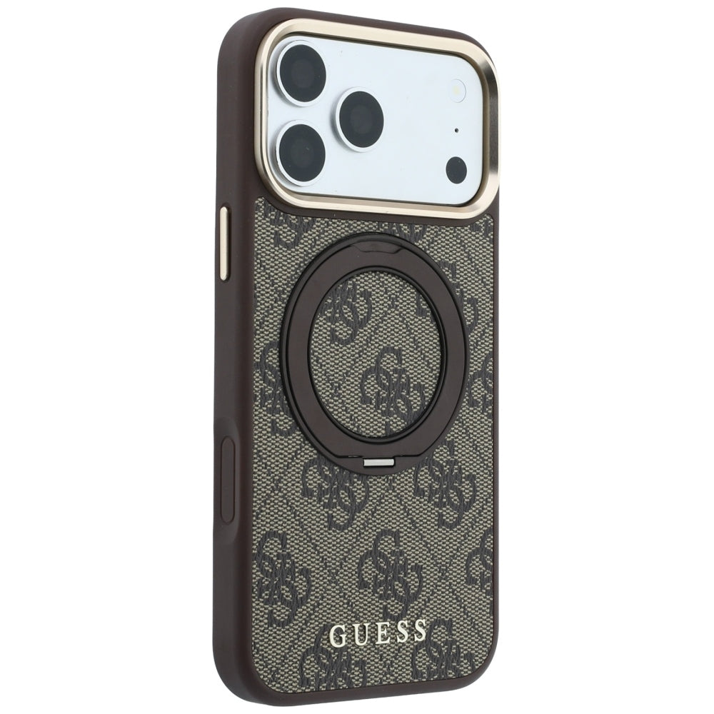 MagSafe ovitek za Apple iPhone 18 Pro / 17 Pro, Guess, Ring Stand 360 4G Classic Logo, rjav