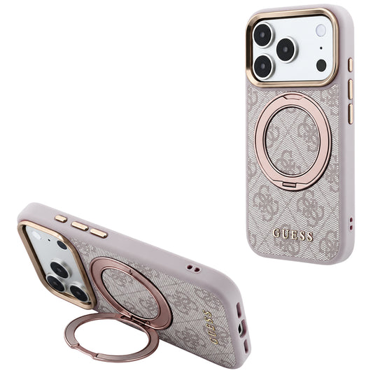 Ovitek MagSafe za Apple iPhone 18 Pro / 17 Pro, Guess, Ring Stand 360 4G Classic Logo, Roza