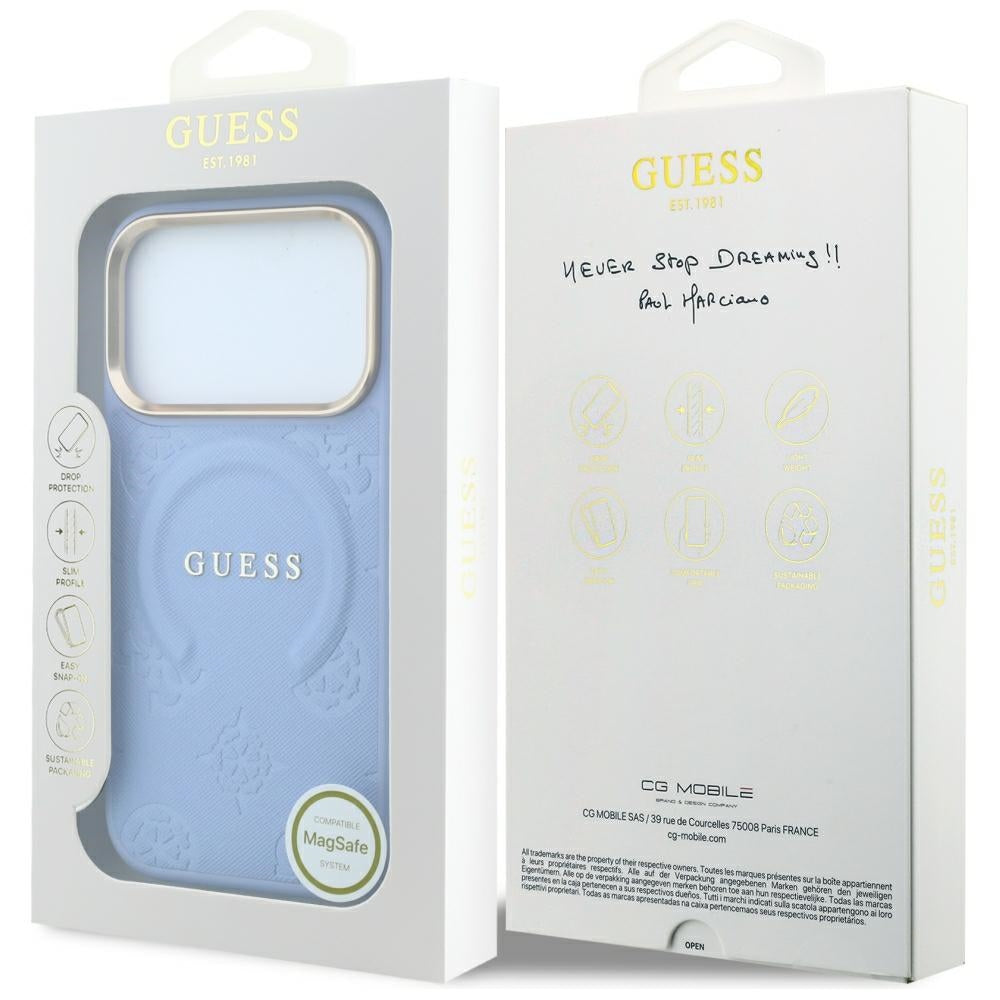 MagSafe ovitek za Apple iPhone 18 Pro / 17 Pro, Guess, Saffiano Peony Ring, Bleu