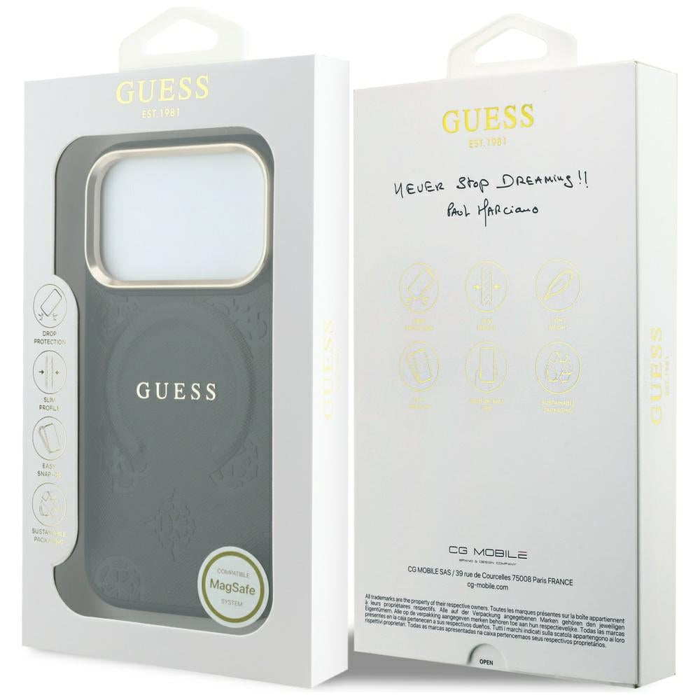 MagSafe ovitek za Apple iPhone 18 Pro / 17 Pro, Guess, Saffiano Peony Ring, Črn