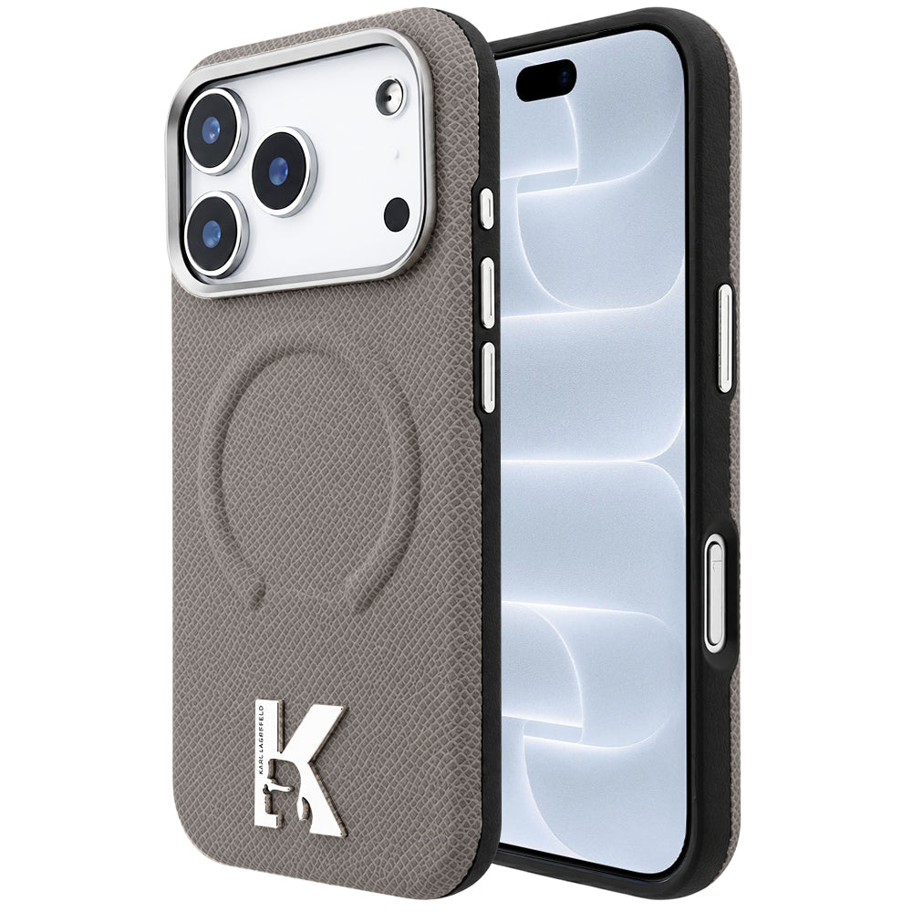 MagSafe ovitek za Apple iPhone 18 Pro / 17 Pro, Karl Lagerfeld, zrnast reliefni obroč, bež