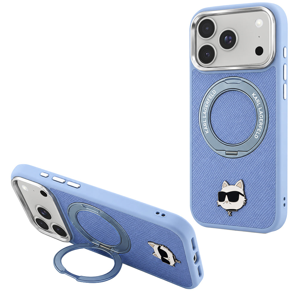 MagSafe ovitek za Apple iPhone 18 Pro / 17 Pro, Karl Lagerfeld, stojalo z obročem 360 Choupette Pin, modra