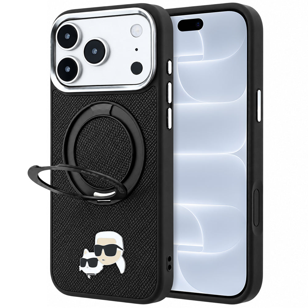 MagSafe Case for Apple iPhone 18 Pro / 17 Pro, Karl Lagerfeld, Ring Stand 360 Karl & Choupette Pin, Black