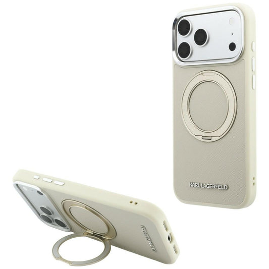 MagSafe ovitek za Apple iPhone 18 Pro / 17 Pro, Karl Lagerfeld, Ring Stand 360 Saffiano, bež
