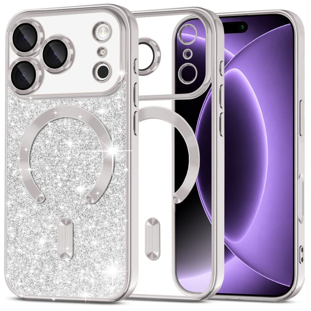 Ovitek MagSafe za Apple iPhone 18 Pro / 17 Pro, Techsuit, Luxury Glitter, Srebrn