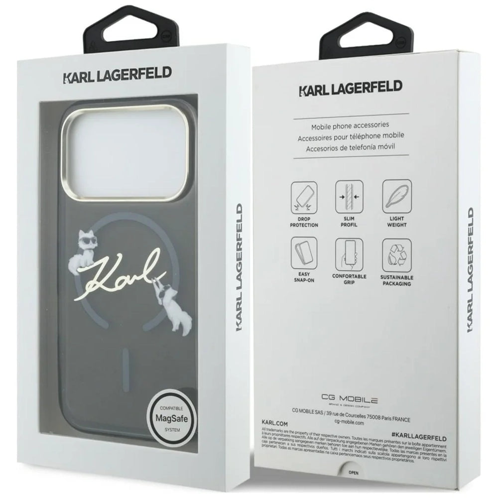 MagSafe ovitek za Apple iPhone 18 Pro, Karl Lagerfeld, IML Choupette Karl Script Logo, Črn