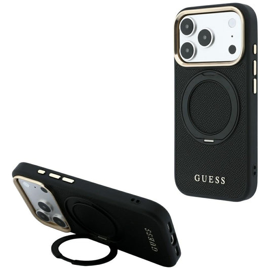 MagSafe ovitek za Apple iPhone 18 Pro Max / 17 Pro Max, Guess, Grained Ring Stand 360 Classic, črn